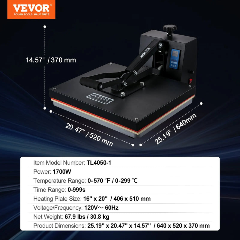 VEVOR termoprese 406 x 508 mm sublimācijas pārnesei un DIY T - kreklu apdrukai - ZEMLETES.LV