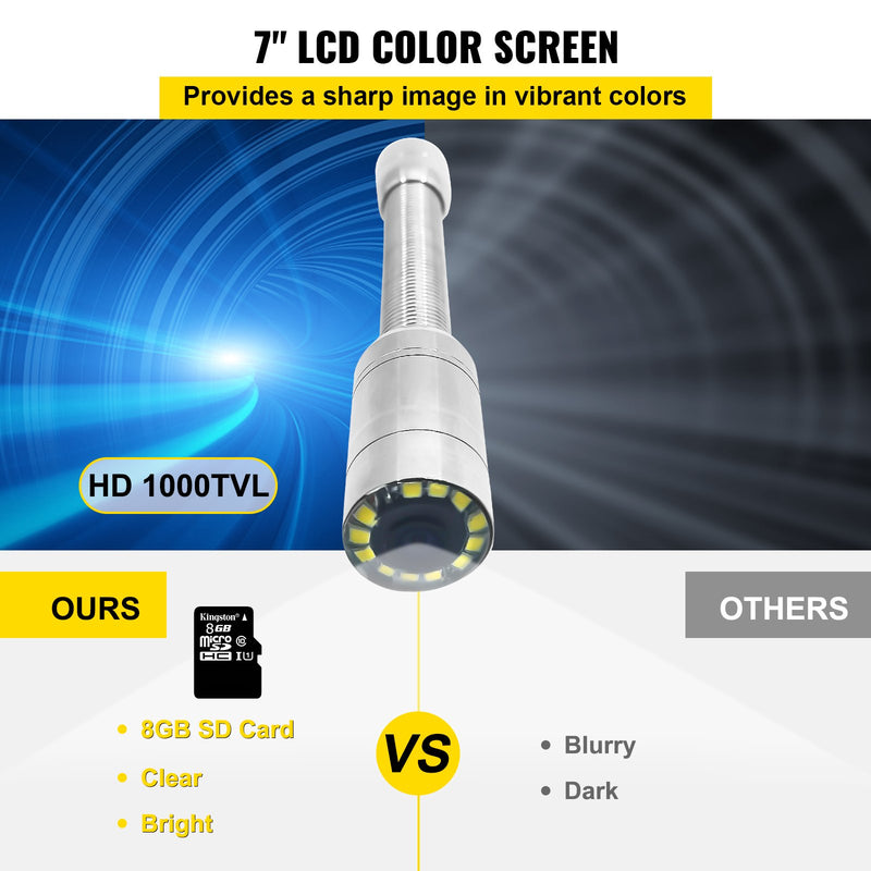 VEVOR 50 m kanalizācijas inspekcijas kamera, 17,8 cm LCD monitorid ar DVR, ūdensizturīga cauruļvadu un drenāžas inspekcijas sistēma, kameras komplekts ar 8 GB SD karti