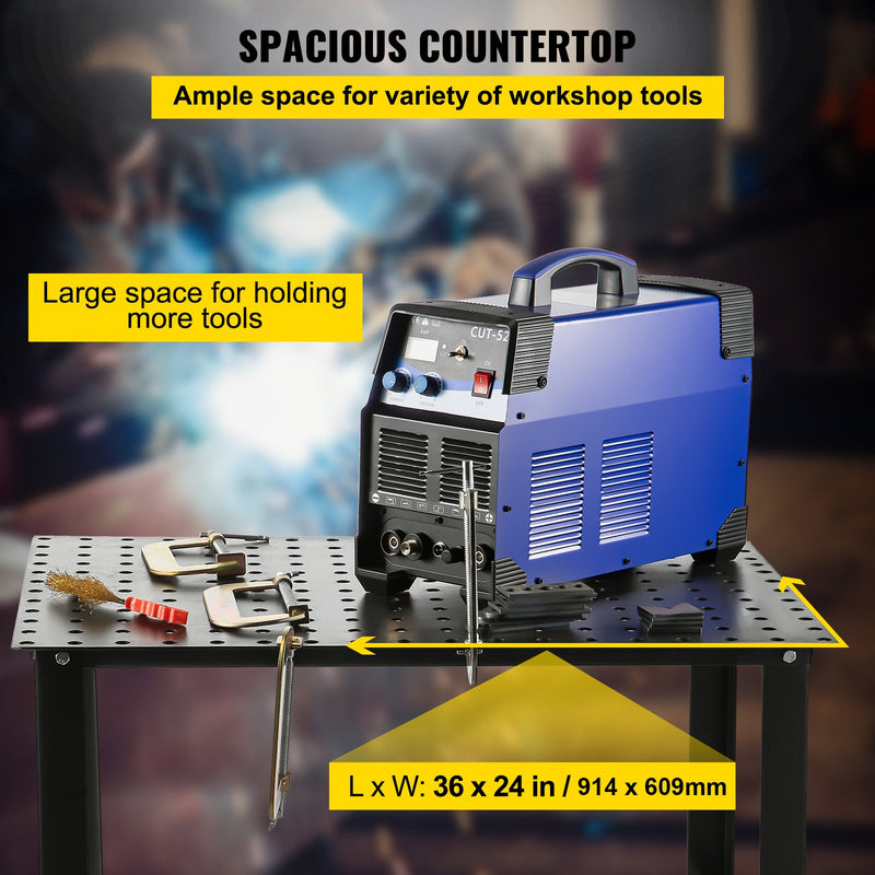 VEVOR metināšanas galds 76,2 × 50,8 cm ar 181,4 kg nestspēju, tērauda darbagalds uz riteņiem ar salokāmu konstrukciju, trim 2,8 cm gropēm, trīs slīpuma leņķiem, regulējamu augstumu un izbīdāmiem vadotņu stieņiem