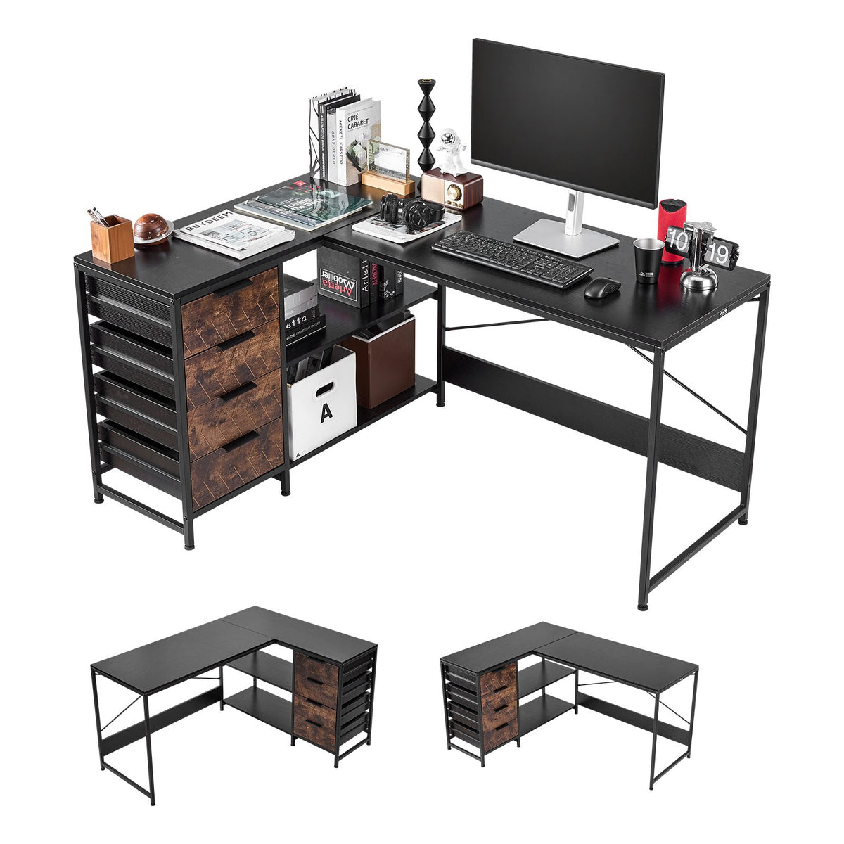 VEVOR L-Shaped Computer Desk, 150 cm Reversible Corner Gaming Desk with Drawers and Storage Shelves, Home Office