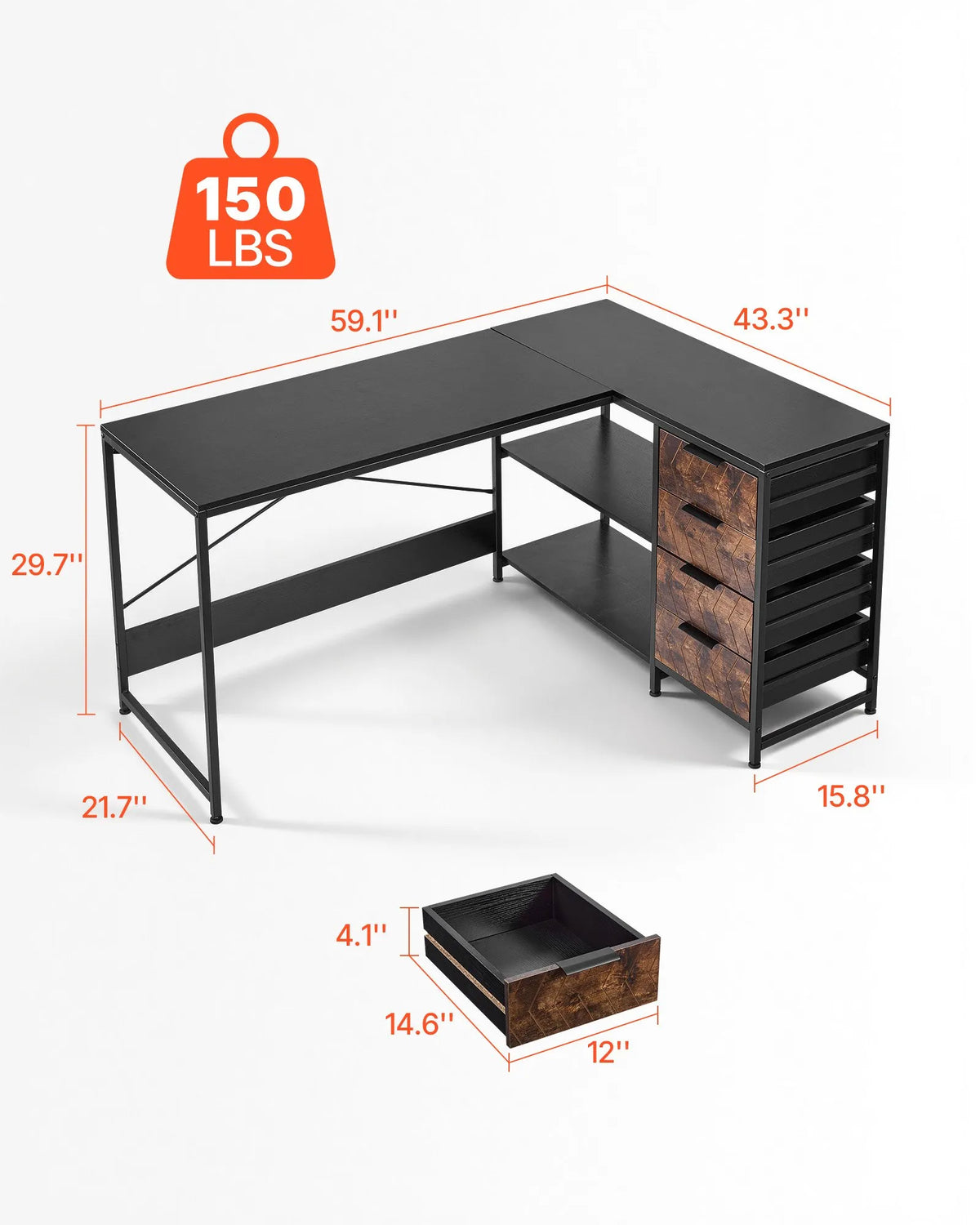 VEVOR L-Shaped Computer Desk, 150 cm Reversible Corner Gaming Desk with Drawers and Storage Shelves, Home Office