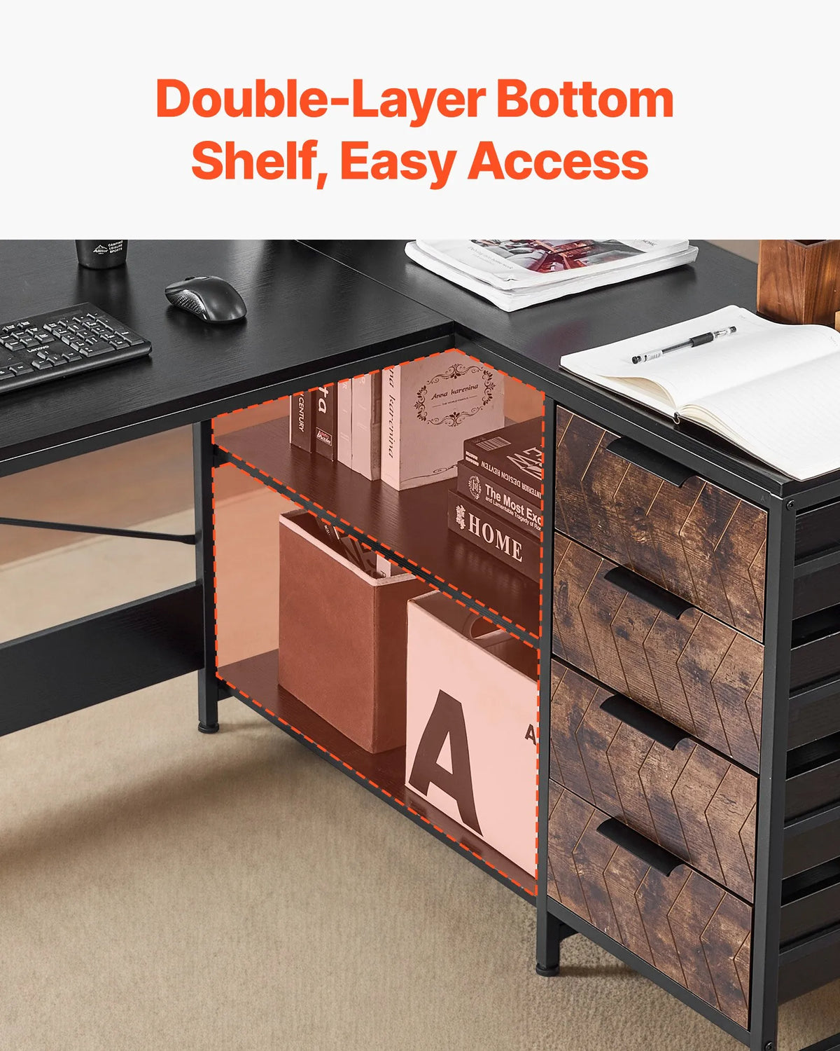 VEVOR L-Shaped Computer Desk, 150 cm Reversible Corner Gaming Desk with Drawers and Storage Shelves, Home Office