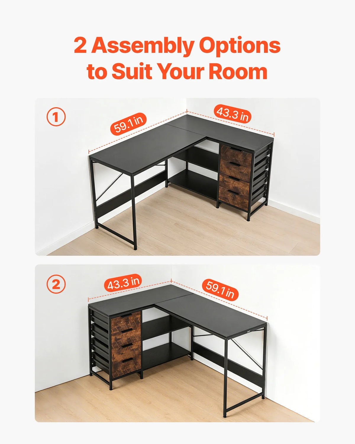 VEVOR L-Shaped Computer Desk, 150 cm Reversible Corner Gaming Desk with Drawers and Storage Shelves, Home Office