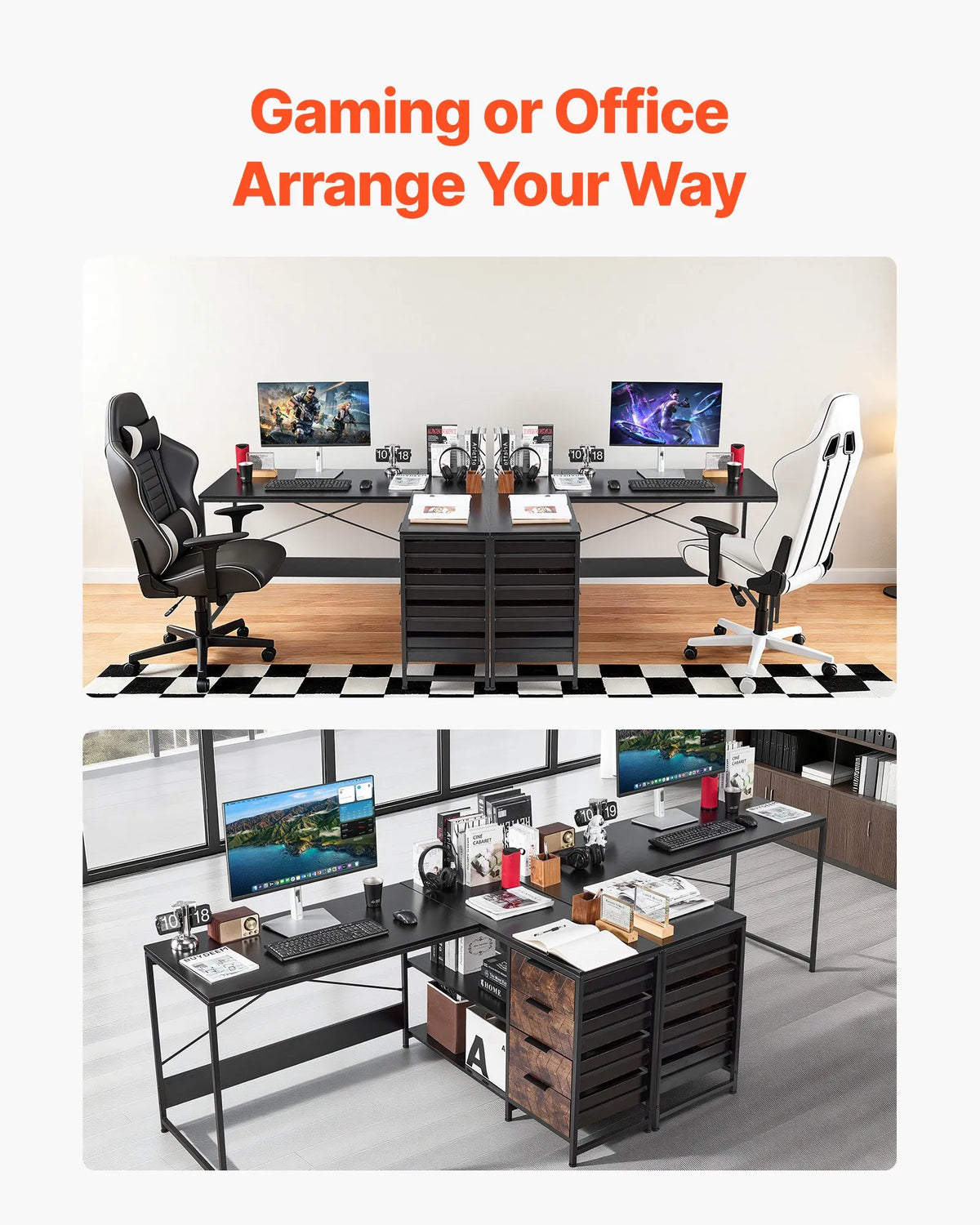 VEVOR L-Shaped Computer Desk, 150 cm Reversible Corner Gaming Desk with Drawers and Storage Shelves, Home Office