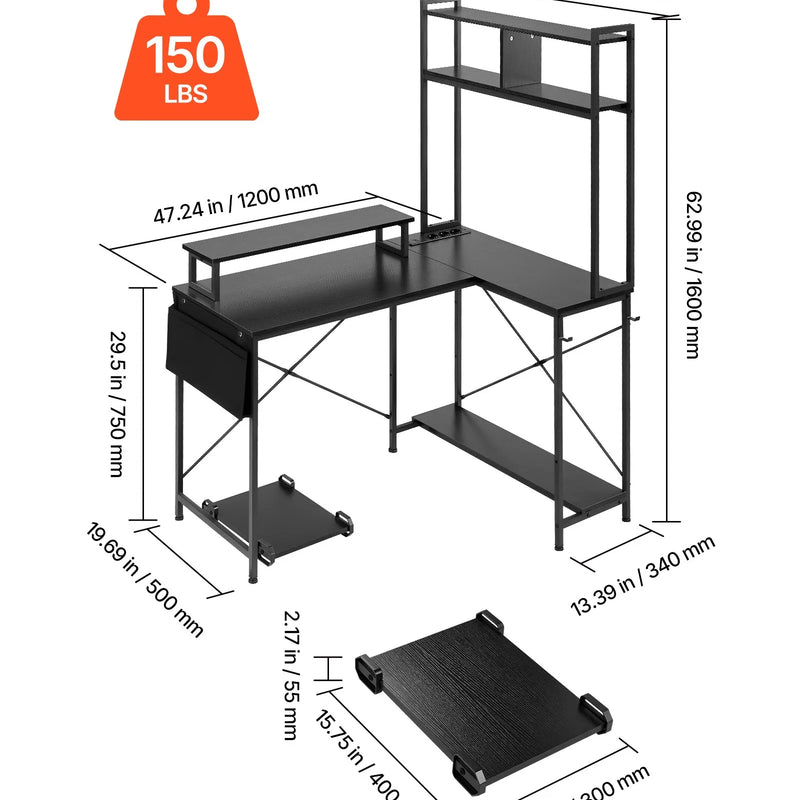 VEVOR L-veida spēļu galds ar LED apgaismojumu, 120 cm maināmas puses stūra datora galds ar monitora plauktu, kontaktligzdām, pārvietojamu datora korpusa statīvu un plauktu, mājas birojam