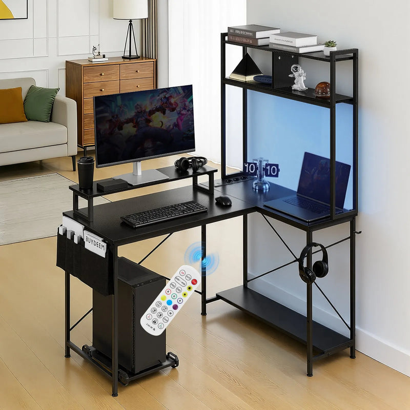VEVOR L-veida spēļu galds ar LED apgaismojumu, 120 cm maināmas puses stūra datora galds ar monitora plauktu, kontaktligzdām, pārvietojamu datora korpusa statīvu un plauktu, mājas birojam