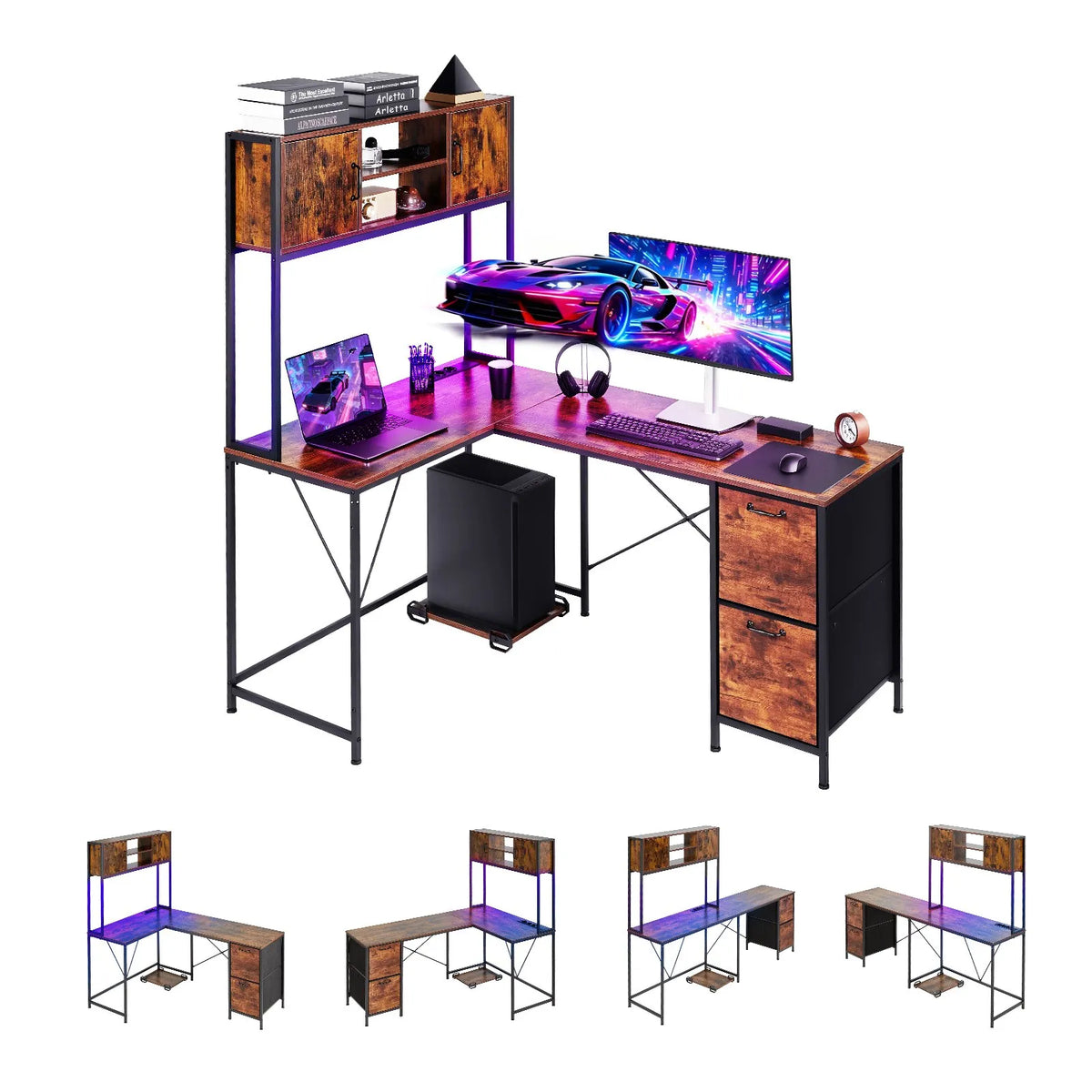 VEVOR L-Shaped Gaming Desk with LED Lighting, 158 cm Adjustable Corner Computer Desk with Power Outlets, Movable CPU Stand and Drawers, Home Office