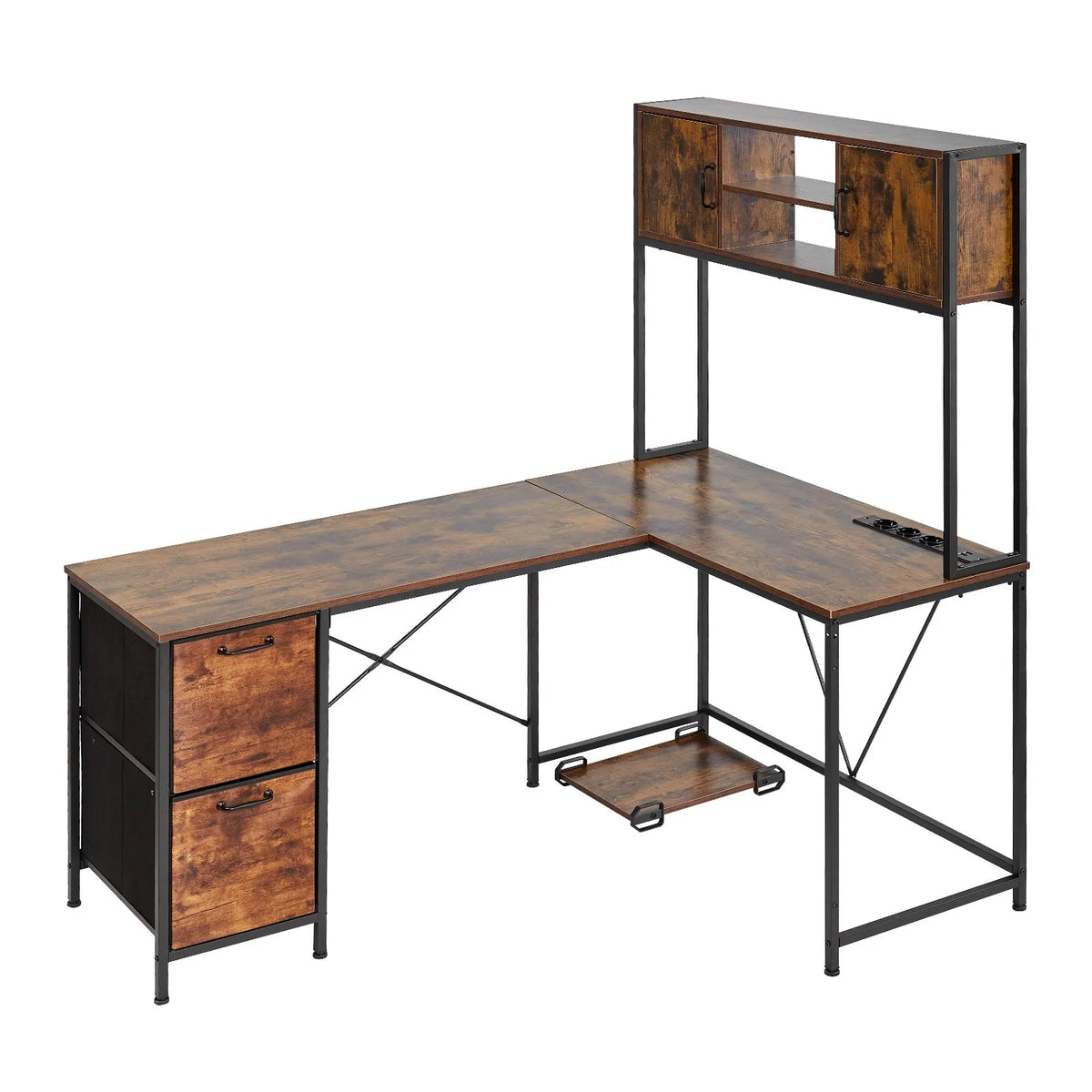 VEVOR L-Shaped Gaming Desk with LED Lighting, 158 cm Adjustable Corner Computer Desk with Power Outlets, Movable CPU Stand and Drawers, Home Office