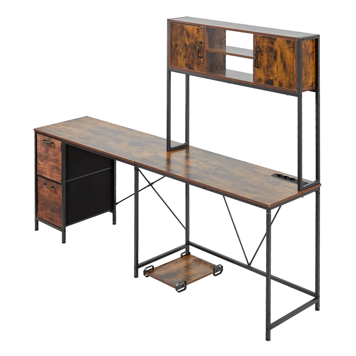 VEVOR L-Shaped Gaming Desk with LED Lighting, 158 cm Adjustable Corner Computer Desk with Power Outlets, Movable CPU Stand and Drawers, Home Office