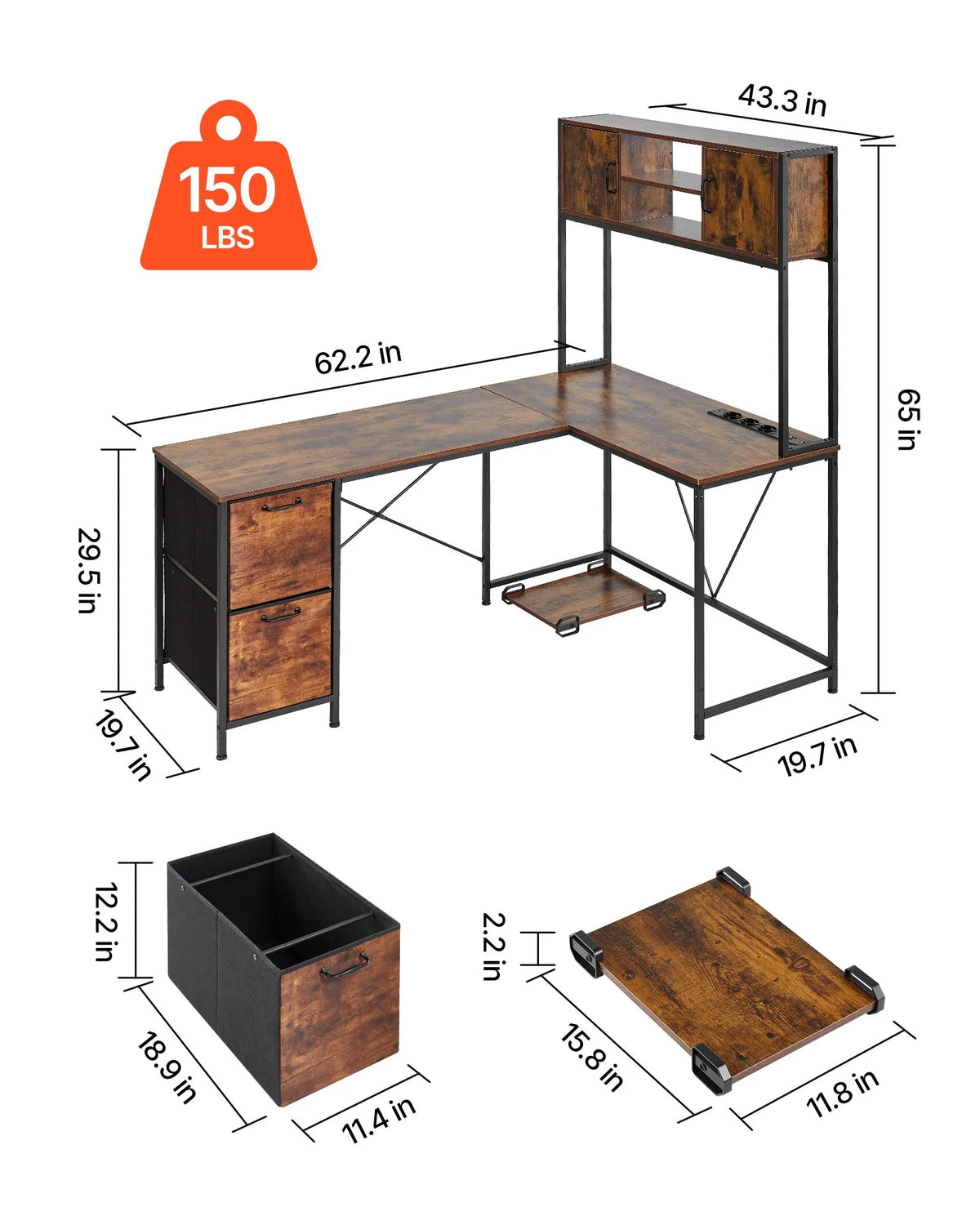 VEVOR L-Shaped Gaming Desk with LED Lighting, 158 cm Adjustable Corner Computer Desk with Power Outlets, Movable CPU Stand and Drawers, Home Office