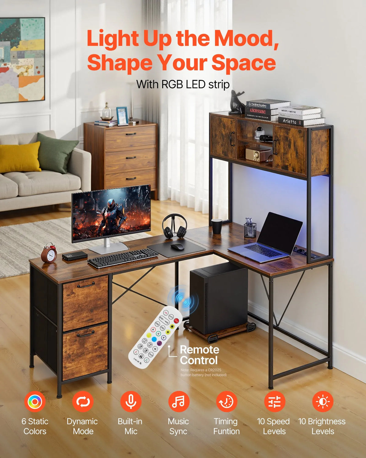 VEVOR L-Shaped Gaming Desk with LED Lighting, 158 cm Adjustable Corner Computer Desk with Power Outlets, Movable CPU Stand and Drawers, Home Office