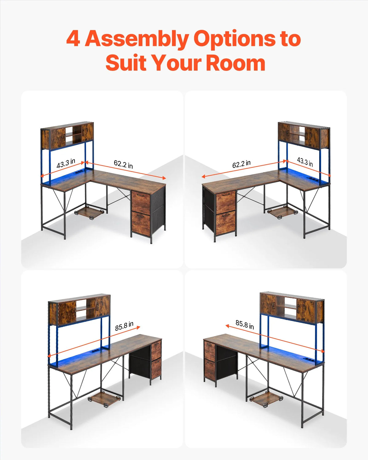 VEVOR L-Shaped Gaming Desk with LED Lighting, 158 cm Adjustable Corner Computer Desk with Power Outlets, Movable CPU Stand and Drawers, Home Office