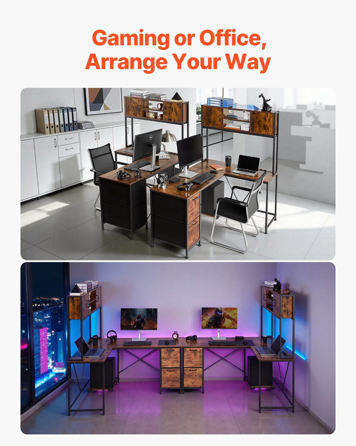 VEVOR L-Shaped Gaming Desk with LED Lighting, 158 cm Adjustable Corner Computer Desk with Power Outlets, Movable CPU Stand and Drawers, Home Office