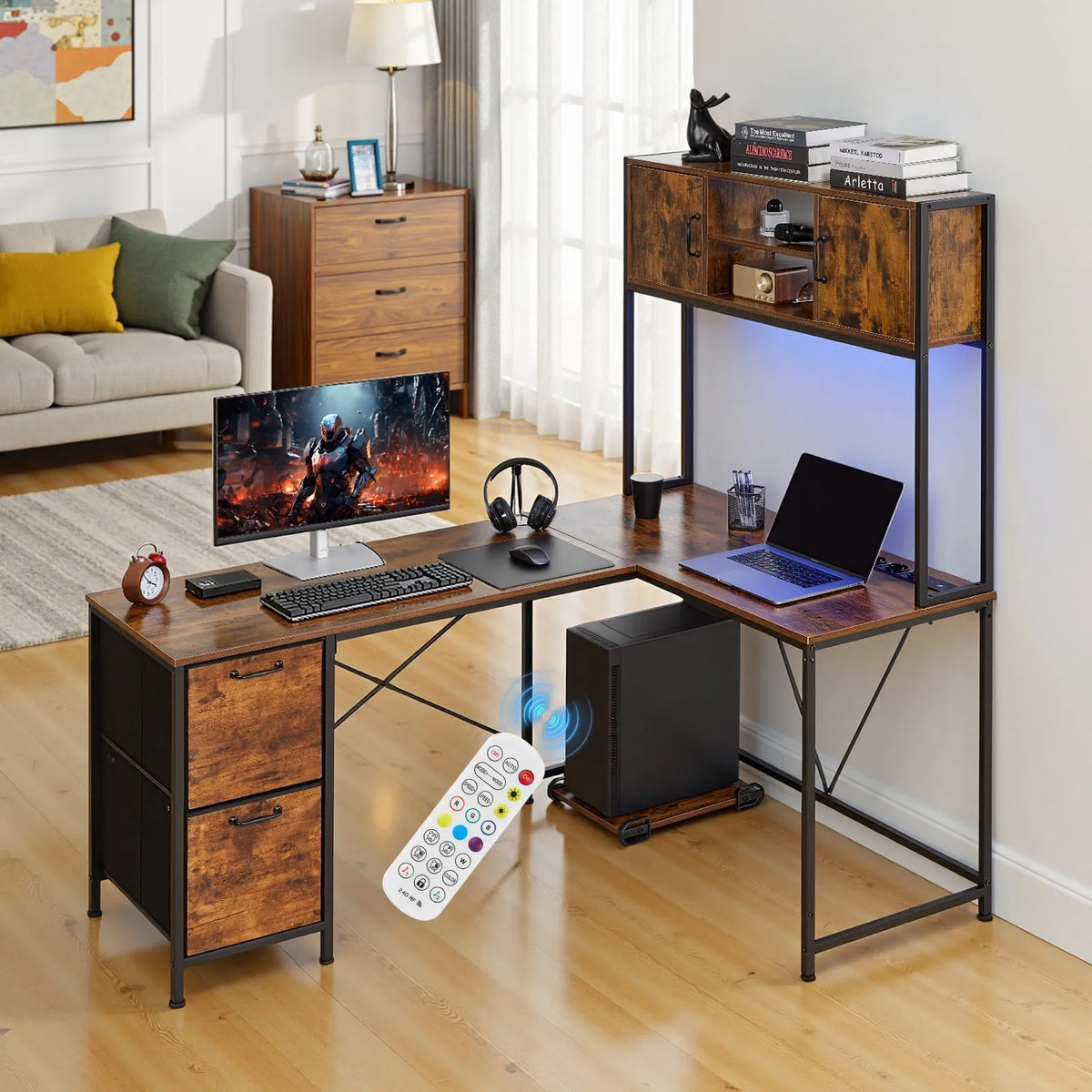 VEVOR L-Shaped Gaming Desk with LED Lighting, 158 cm Adjustable Corner Computer Desk with Power Outlets, Movable CPU Stand and Drawers, Home Office