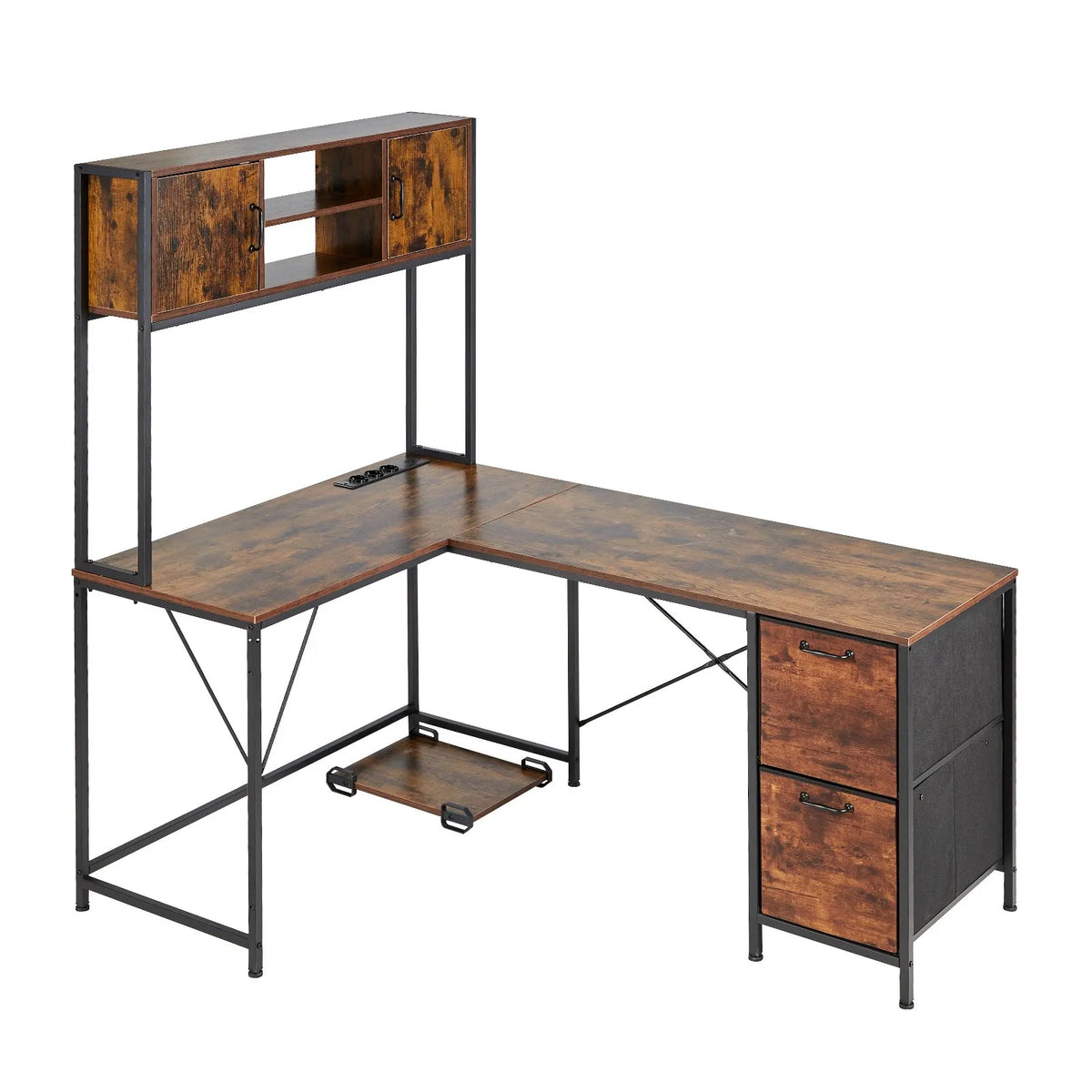 VEVOR L-Shaped Gaming Desk with LED Lighting, 158 cm Adjustable Corner Computer Desk with Power Outlets, Movable CPU Stand and Drawers, Home Office