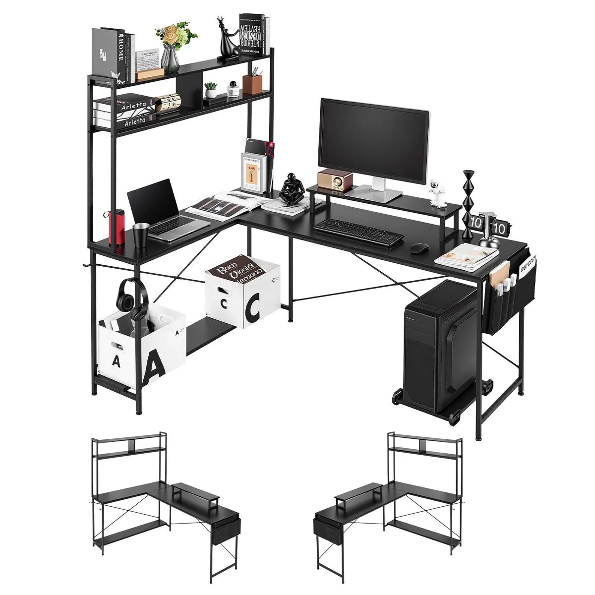 VEVOR L-Shaped Computer Desk, 170 cm Reversible Corner Gaming Desk with Monitor Shelf and Movable PC Case Stand, Home Office