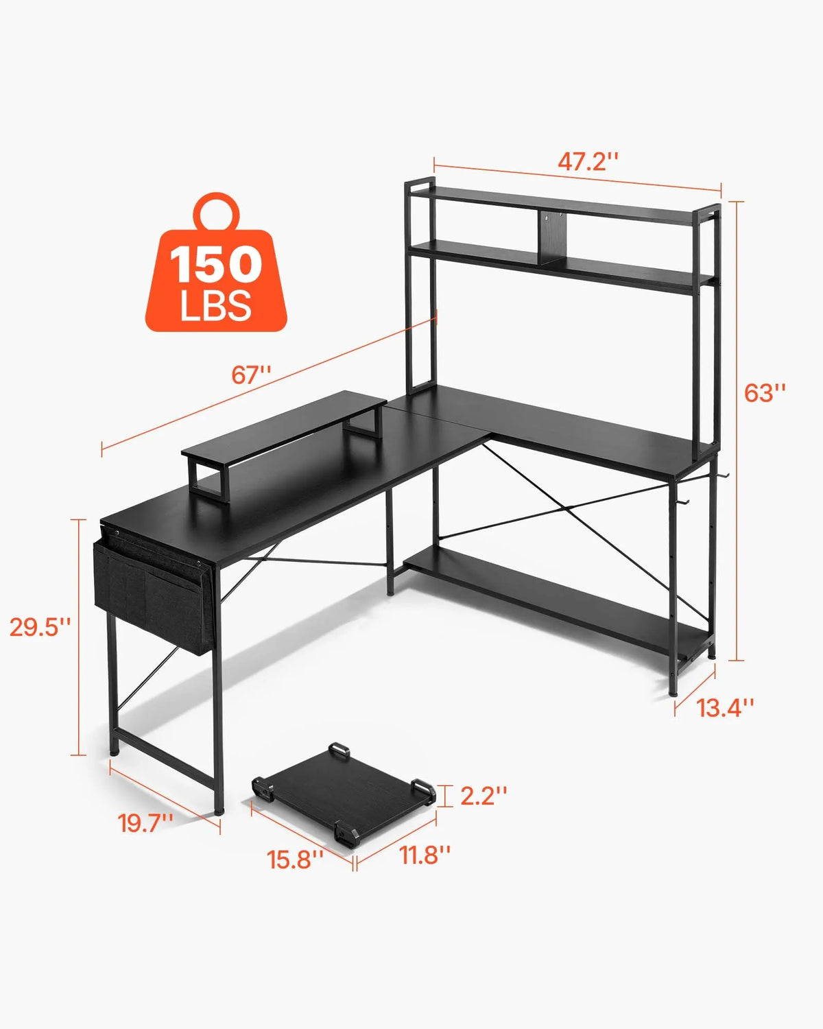 VEVOR L-Shaped Computer Desk, 170 cm Reversible Corner Gaming Desk with Monitor Shelf and Movable PC Case Stand, Home Office