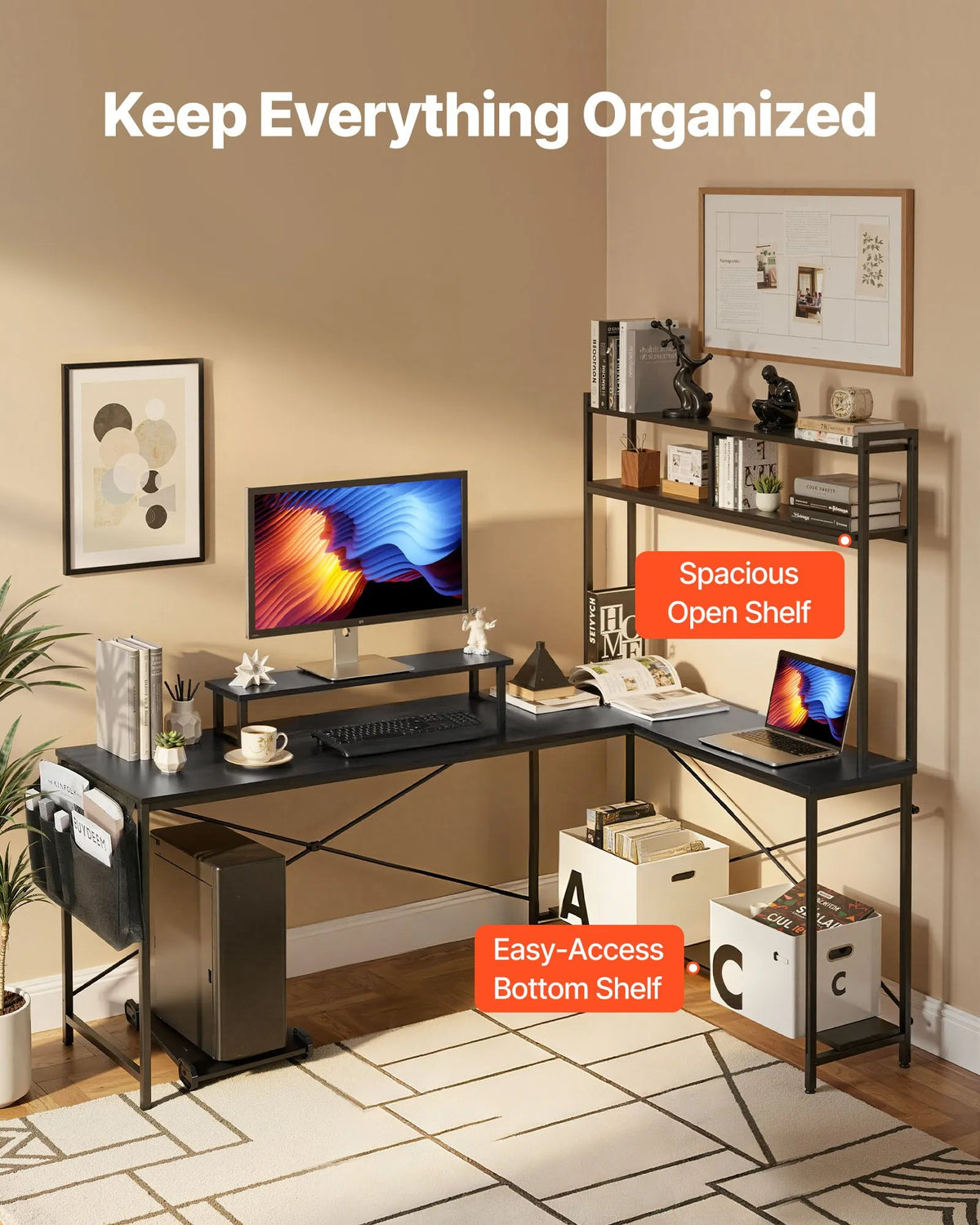 VEVOR L-Shaped Computer Desk, 170 cm Reversible Corner Gaming Desk with Monitor Shelf and Movable PC Case Stand, Home Office