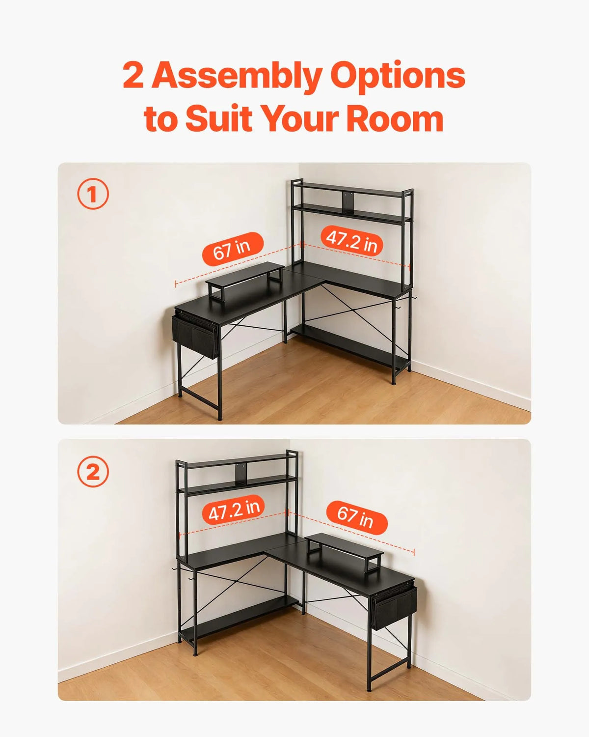 VEVOR L-Shaped Computer Desk, 170 cm Reversible Corner Gaming Desk with Monitor Shelf and Movable PC Case Stand, Home Office