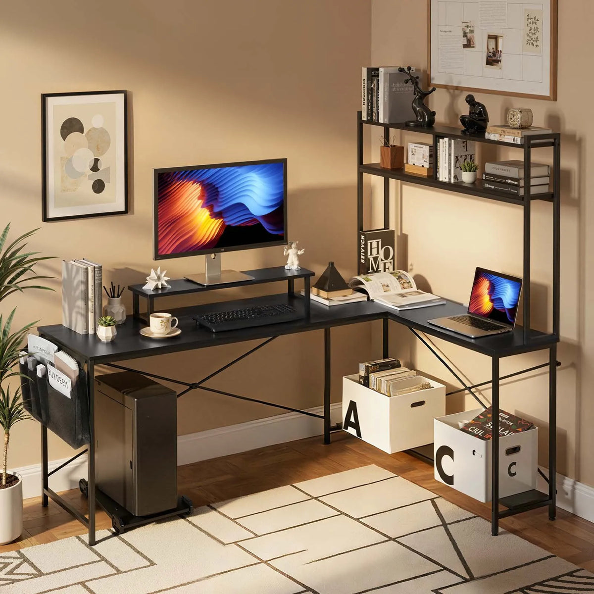 VEVOR L-Shaped Computer Desk, 170 cm Reversible Corner Gaming Desk with Monitor Shelf and Movable PC Case Stand, Home Office