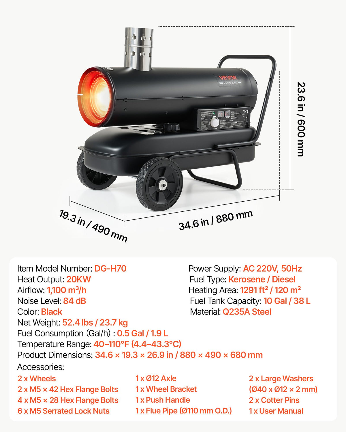 VEVOR dīzeļdegvielas sildītājs ar piespiedu gaisu, 20 kW, melns