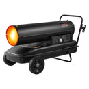 50 kW gaisa dīzeļdegvielas/petrolejas sildītājs ar riteņiem un regulējamu temperatūru, pārnēsājams turbīnas tipa sildītājs darbnīcām, noliktavām, būvlaukumiem un āra apsildei, melns