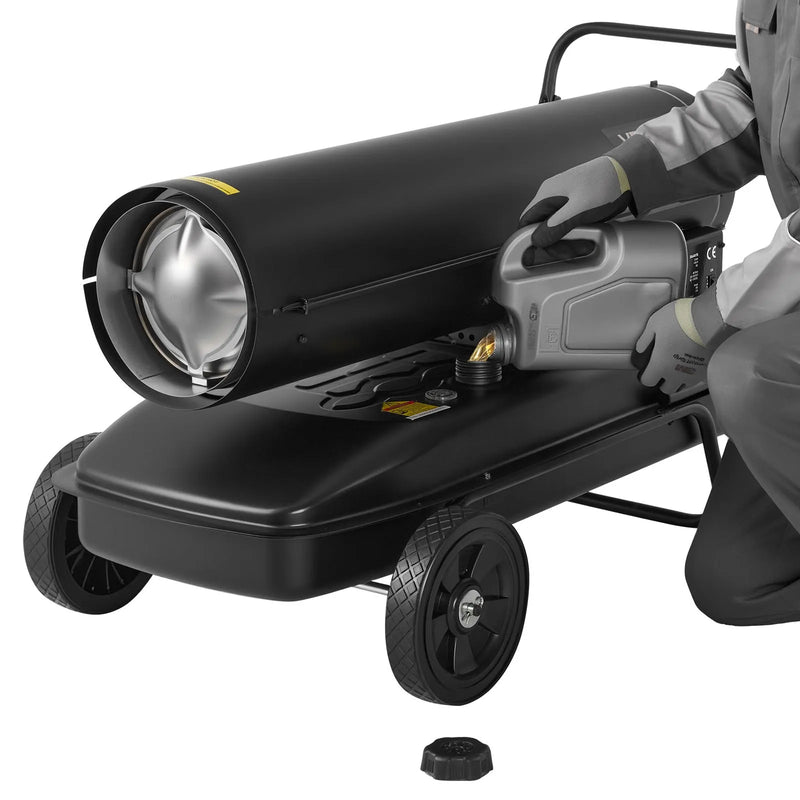 50 kW gaisa dīzeļdegvielas/petrolejas sildītājs ar riteņiem un regulējamu temperatūru, pārnēsājams turbīnas tipa sildītājs darbnīcām, noliktavām, būvlaukumiem un āra apsildei, melns