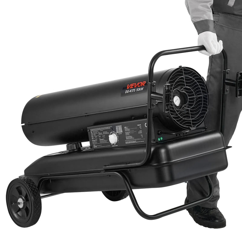 50 kW gaisa dīzeļdegvielas/petrolejas sildītājs ar riteņiem un regulējamu temperatūru, pārnēsājams turbīnas tipa sildītājs darbnīcām, noliktavām, būvlaukumiem un āra apsildei, melns
