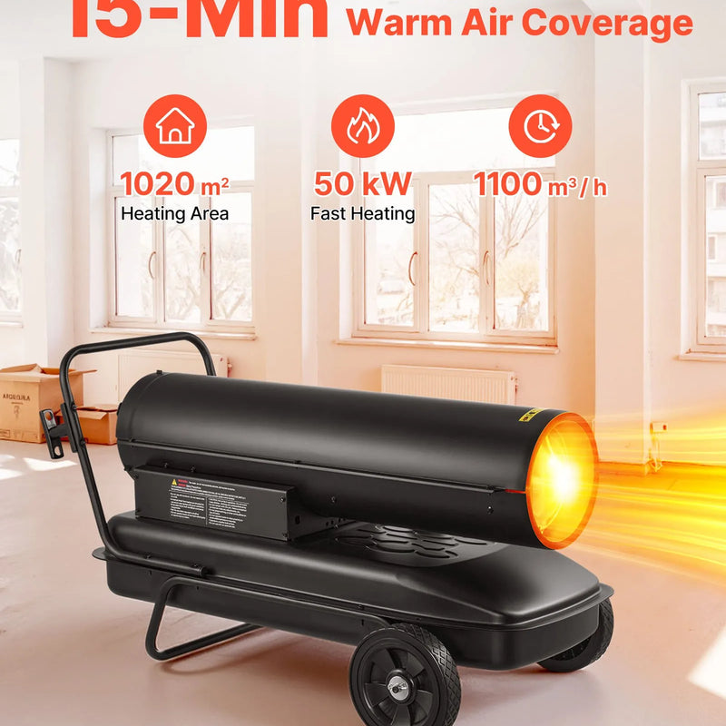 50 kW gaisa dīzeļdegvielas/petrolejas sildītājs ar riteņiem un regulējamu temperatūru, pārnēsājams turbīnas tipa sildītājs darbnīcām, noliktavām, būvlaukumiem un āra apsildei, melns