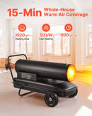 50 kW gaisa dīzeļdegvielas/petrolejas sildītājs ar riteņiem un regulējamu temperatūru, pārnēsājams turbīnas tipa sildītājs darbnīcām, noliktavām, būvlaukumiem un āra apsildei, melns