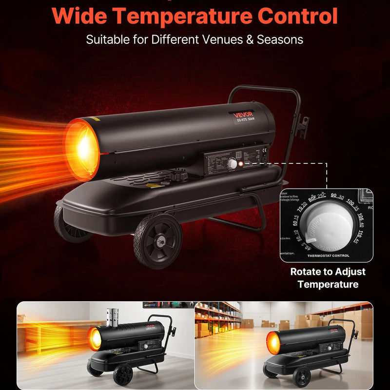 50 kW gaisa dīzeļdegvielas/petrolejas sildītājs ar riteņiem un regulējamu temperatūru, pārnēsājams turbīnas tipa sildītājs darbnīcām, noliktavām, būvlaukumiem un āra apsildei, melns