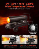 50 kW gaisa dīzeļdegvielas/petrolejas sildītājs ar riteņiem un regulējamu temperatūru, pārnēsājams turbīnas tipa sildītājs darbnīcām, noliktavām, būvlaukumiem un āra apsildei, melns