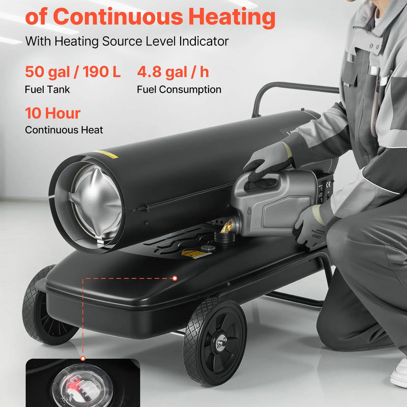 50 kW gaisa dīzeļdegvielas/petrolejas sildītājs ar riteņiem un regulējamu temperatūru, pārnēsājams turbīnas tipa sildītājs darbnīcām, noliktavām, būvlaukumiem un āra apsildei, melns