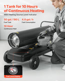 50 kW gaisa dīzeļdegvielas/petrolejas sildītājs ar riteņiem un regulējamu temperatūru, pārnēsājams turbīnas tipa sildītājs darbnīcām, noliktavām, būvlaukumiem un āra apsildei, melns