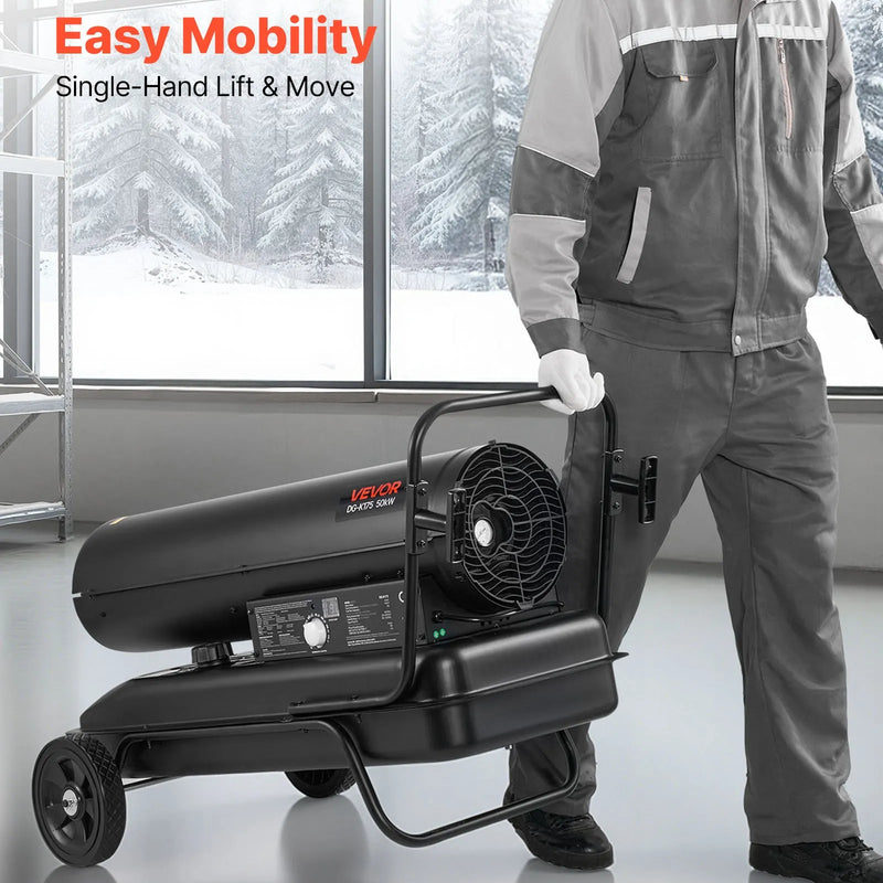50 kW gaisa dīzeļdegvielas/petrolejas sildītājs ar riteņiem un regulējamu temperatūru, pārnēsājams turbīnas tipa sildītājs darbnīcām, noliktavām, būvlaukumiem un āra apsildei, melns