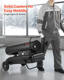 50 kW gaisa dīzeļdegvielas/petrolejas sildītājs ar riteņiem un regulējamu temperatūru, pārnēsājams turbīnas tipa sildītājs darbnīcām, noliktavām, būvlaukumiem un āra apsildei, melns