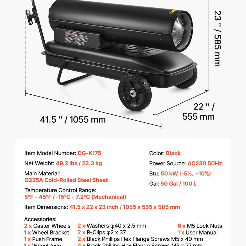50 kW gaisa dīzeļdegvielas/petrolejas sildītājs ar riteņiem un regulējamu temperatūru, pārnēsājams turbīnas tipa sildītājs darbnīcām, noliktavām, būvlaukumiem un āra apsildei, melns