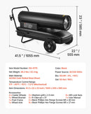 50 kW gaisa dīzeļdegvielas/petrolejas sildītājs ar riteņiem un regulējamu temperatūru, pārnēsājams turbīnas tipa sildītājs darbnīcām, noliktavām, būvlaukumiem un āra apsildei, melns
