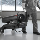 50 kW gaisa dīzeļdegvielas/petrolejas sildītājs ar riteņiem un regulējamu temperatūru, pārnēsājams turbīnas tipa sildītājs darbnīcām, noliktavām, būvlaukumiem un āra apsildei, melns