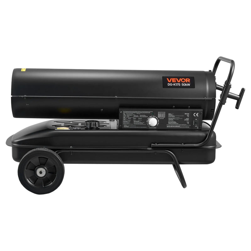 50 kW gaisa dīzeļdegvielas/petrolejas sildītājs ar riteņiem un regulējamu temperatūru, pārnēsājams turbīnas tipa sildītājs darbnīcām, noliktavām, būvlaukumiem un āra apsildei, melns