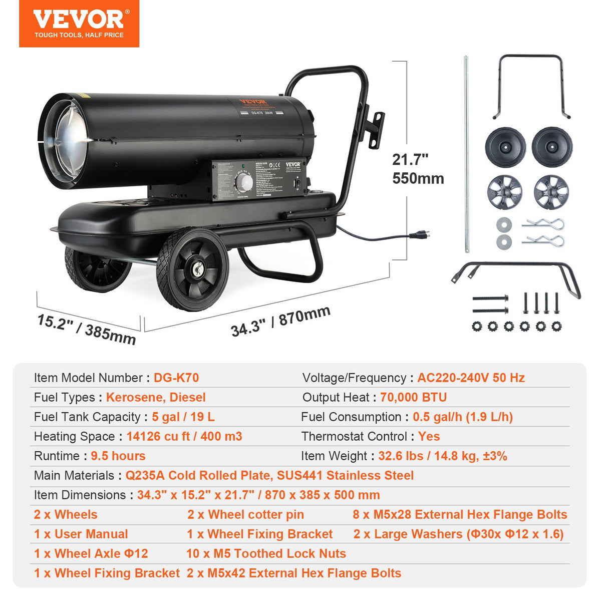 220V 20.5 kW VEVOR Torpedo Heater – Diesel/Kerosene, Thermostat