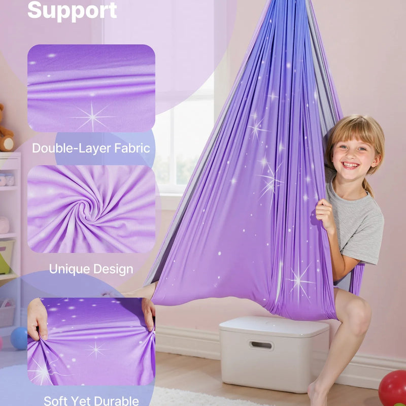 VEVOR sensorās šūpoles bērniem, divslāņu auduma sensorais šūpuļtīkls lietošanai telpās un ārā, ar 360° grozāmu griestu stiprinājumu, O veida siksnu un regulējamu augstumu, maksimālā slodze 136 kg