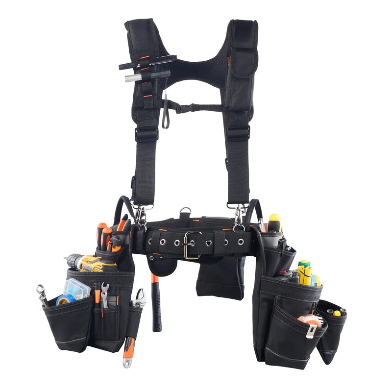 VEVOR instrumentu josta ar 19 kabatām un lencēm, pastiprināta regulējama darba josta ar noņemamu plecu stiprinājumu elektriķiem, galdniekiem un būvniecībai, vidukļa apkārtmērs 80–131 cm