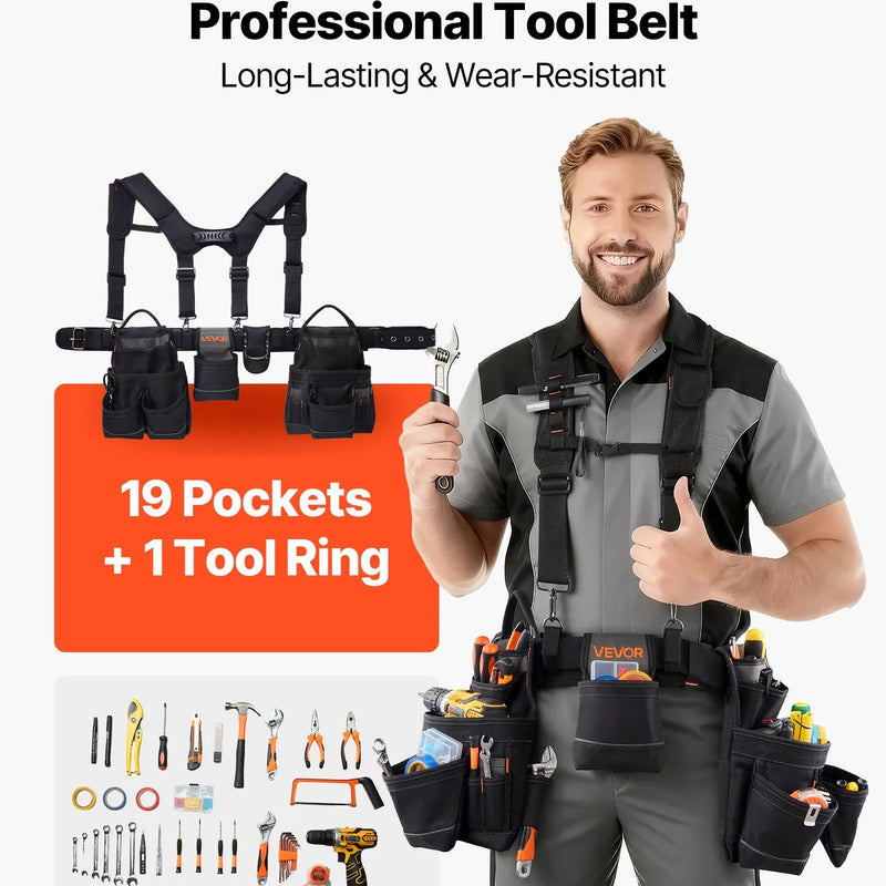 VEVOR instrumentu josta ar 19 kabatām un lencēm, pastiprināta regulējama darba josta ar noņemamu plecu stiprinājumu elektriķiem, galdniekiem un būvniecībai, vidukļa apkārtmērs 80–131 cm