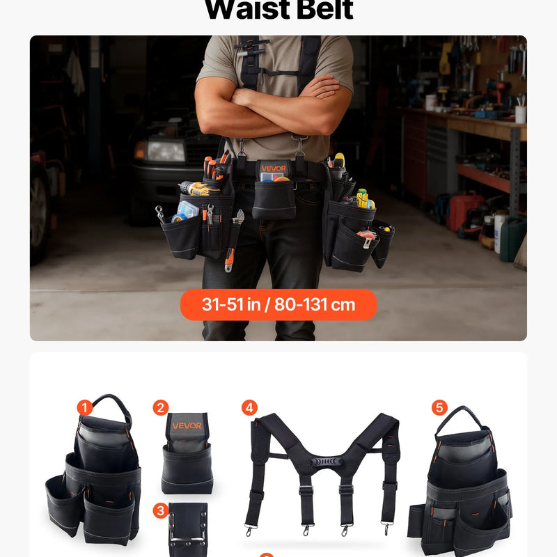 VEVOR instrumentu josta ar 19 kabatām un lencēm, pastiprināta regulējama darba josta ar noņemamu plecu stiprinājumu elektriķiem, galdniekiem un būvniecībai, vidukļa apkārtmērs 80–131 cm