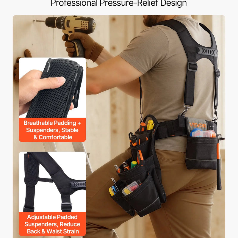 VEVOR instrumentu josta ar 19 kabatām un lencēm, pastiprināta regulējama darba josta ar noņemamu plecu stiprinājumu elektriķiem, galdniekiem un būvniecībai, vidukļa apkārtmērs 80–131 cm