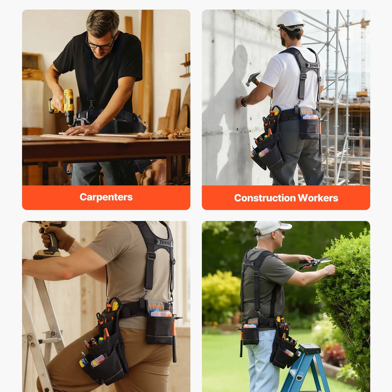 VEVOR instrumentu josta ar 19 kabatām un lencēm, pastiprināta regulējama darba josta ar noņemamu plecu stiprinājumu elektriķiem, galdniekiem un būvniecībai, vidukļa apkārtmērs 80–131 cm