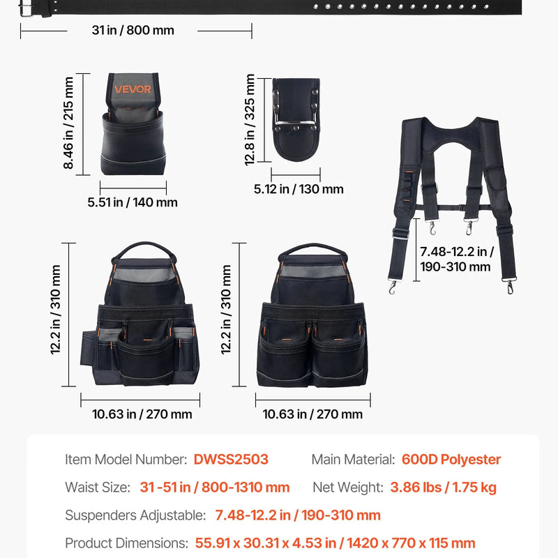 VEVOR instrumentu josta ar 19 kabatām un lencēm, pastiprināta regulējama darba josta ar noņemamu plecu stiprinājumu elektriķiem, galdniekiem un būvniecībai, vidukļa apkārtmērs 80–131 cm