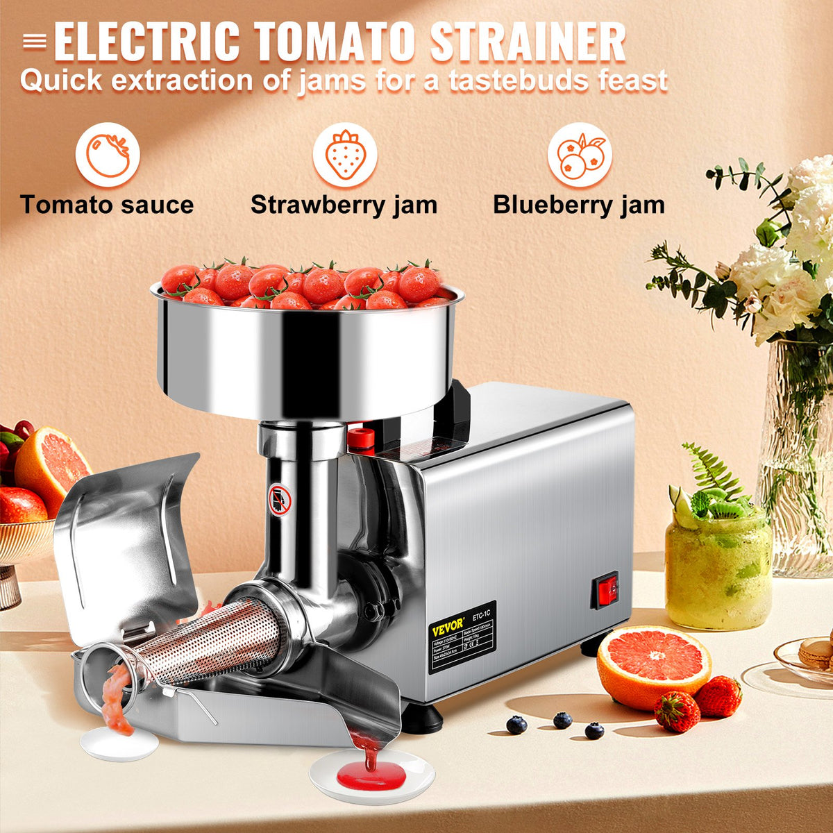 VEVOR Electric Tomato Sieve 370 W, 90–160 kg/h, Stainless Steel