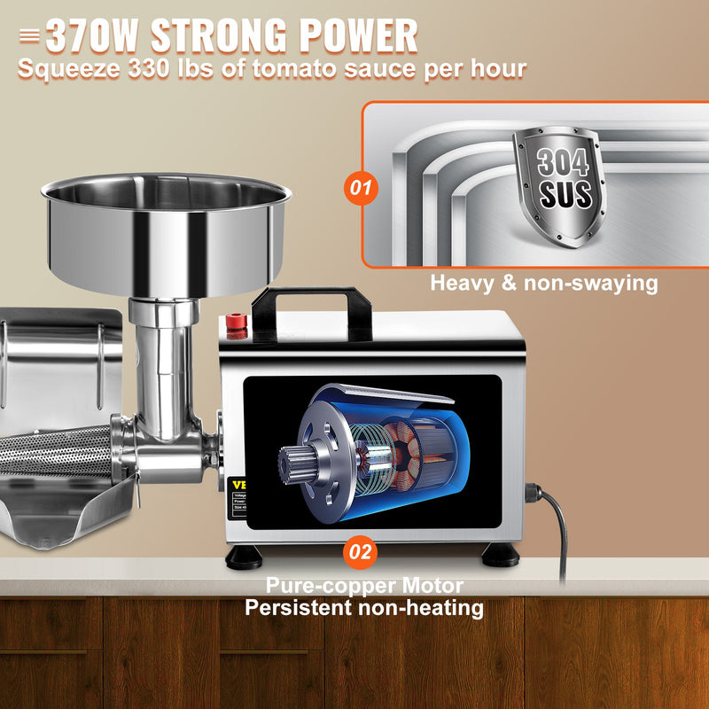 VEVOR Elektriskais Tomātu Siets, 370W, Nerūsējošā Tērauda, 90-160 KG/Stundā